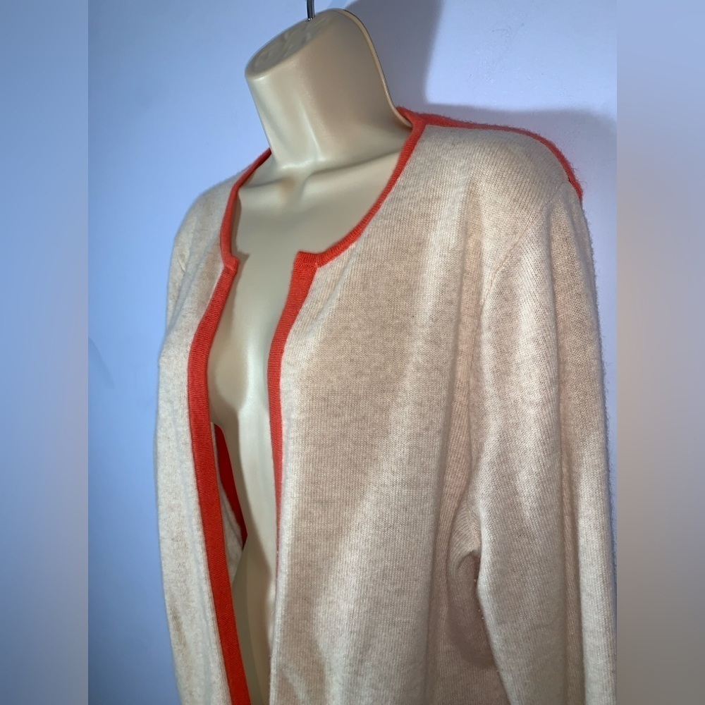 Lands end Women's Cream melon trim open cashmere cardigan large color block - Picture 2 of 8